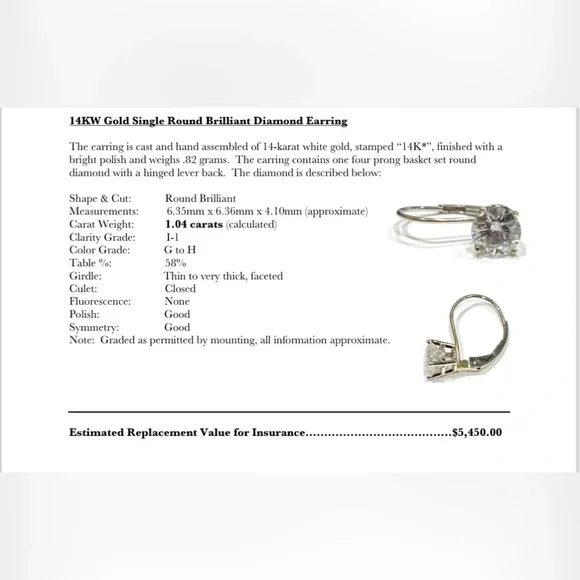 Beautiful 14KW 1.04 Carats Gold Round Brilliant Diamond Single Earring w/Cert! - Picture 2 of 5